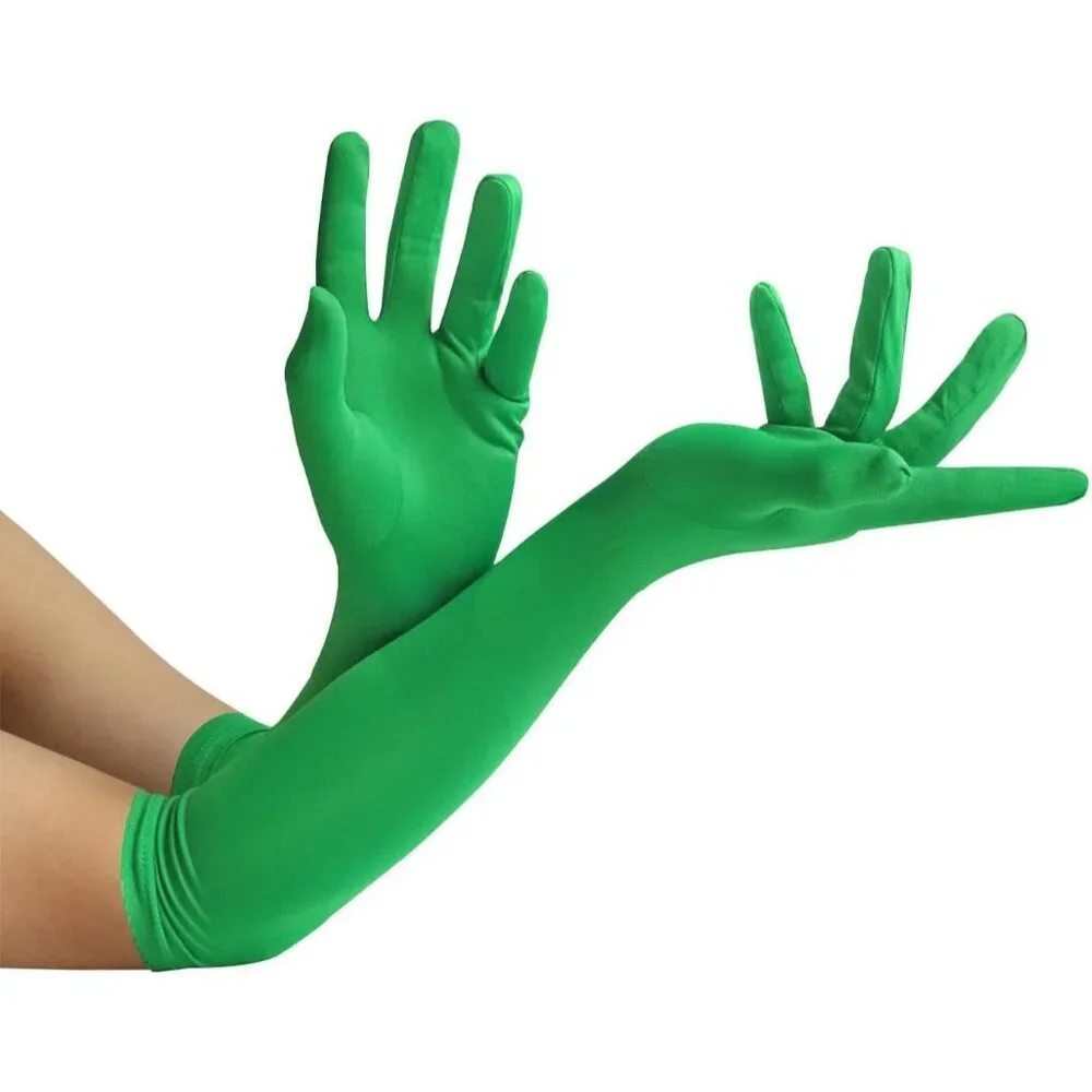 Women's Green Elbow Length Fabric Satin Gloves Halloween Costume Accessories